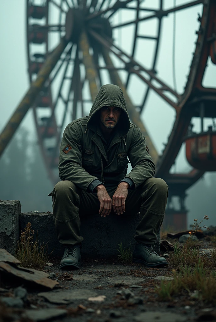 Monolith stalker from s.t.a.l.k.e.r. sitting in pripyat ferris wheel with a sigarette