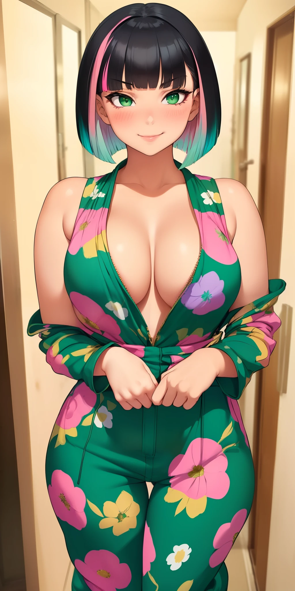 medium firm breasts, busty beautiful ((1cute and beautiful girl, green eyes)), ((multicolored bob black hair with bangs))extremely sexy body, (floral jumpsuit with bow at the waist)), ((jumpsuit))), shy smile, blush, (looking at viewer), in beautiful romantic in the apartment hallway