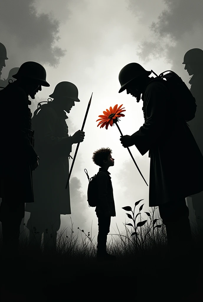 an army trying to torn a flower but a college student holding a pencil like he's holding gun and trying to save the flower. all these look like shadow or black