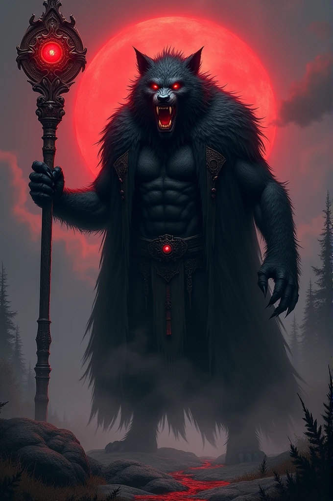 A black werewolf, red eyes, holding a staff. Wears a black overcoat.