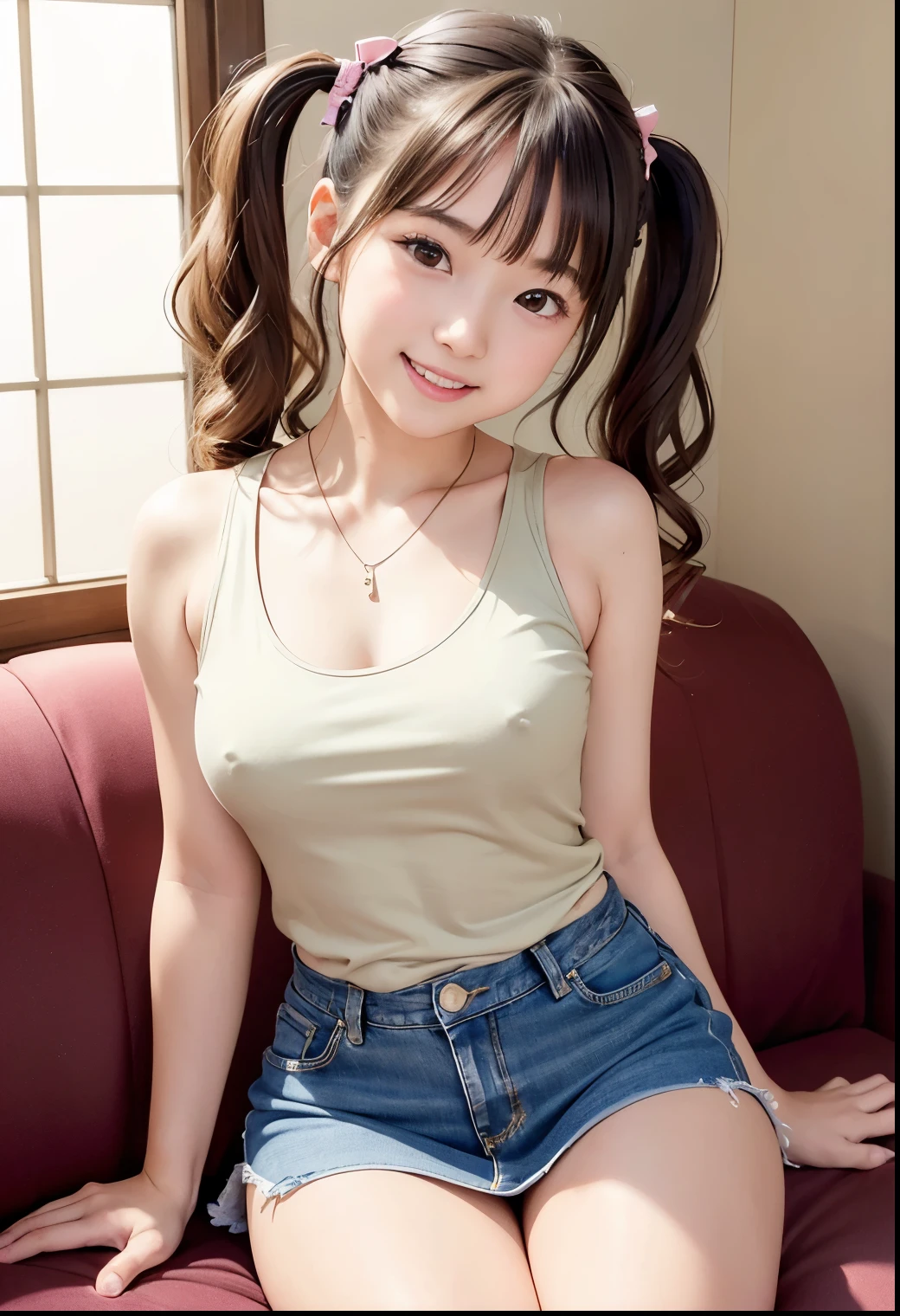 (Highest quality,masterpiece:1.3,Ultra-high resolution),(Very detailed、Caustics) (Realistic:1.4, RAW shooting、)Ultra-Realistic Capture、Very detailed、Natural skin texture、masterpiece、(A Japanese elementary school girl wearing a thin satin tank top and a mini jeans skirt:1.3)、Adorable expression、Expressions of happiness、、height: 140cm、Baby Face、Pure girl、Amazingly cute、Twin tail hairstyle、Curly Hair、ribbon、Black Hair、Large Breasts、Shinghs、Shining ass、necklace、Filmedtting on a sofa in a private room at a sex shop、Background dels、smile、An inviting gaze、(Anatomically correct)、Cowboy Shot、Attention to detail、