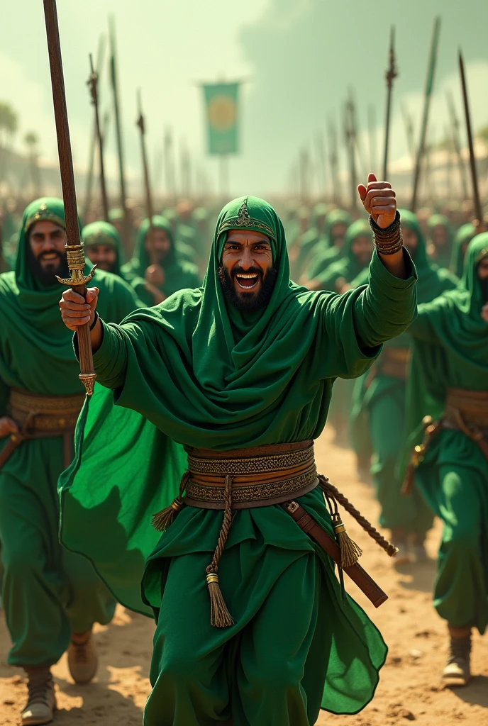 Muslim worriers wear green clothes and won tha war and celebrate with army, and dance with weapons 