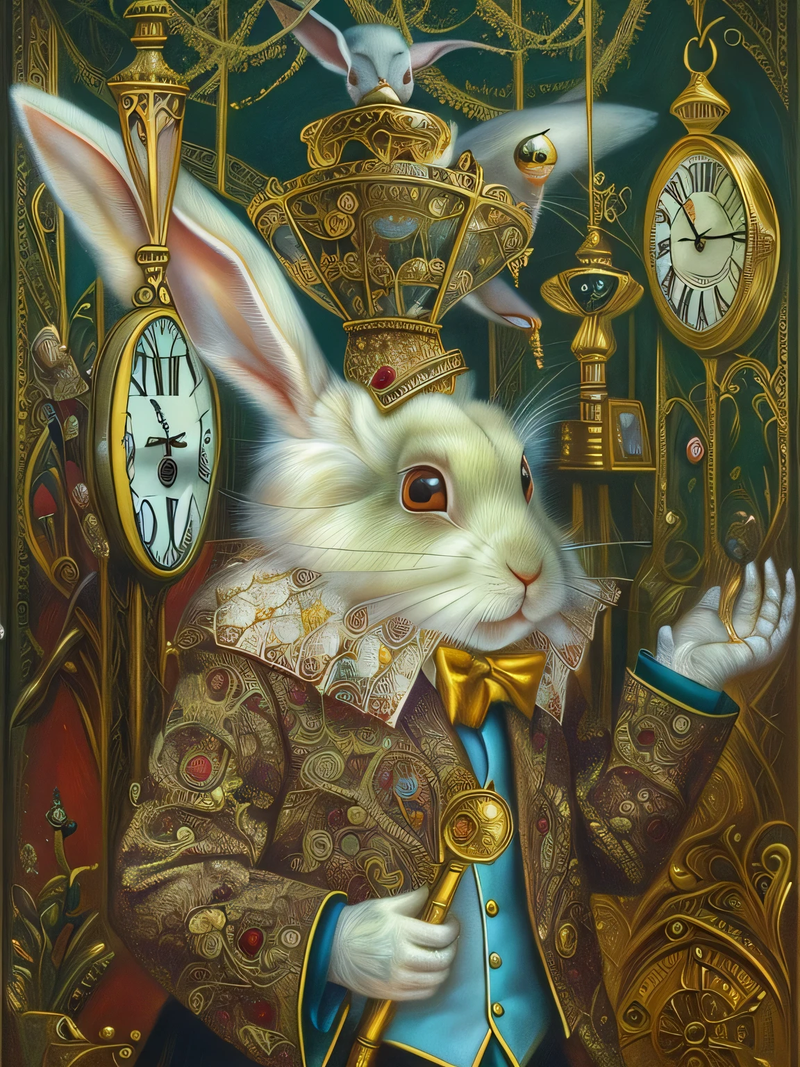 painting of a rabbit with a suit and a clock on his head, the white rabbit, white rabbit, inspired by Michael Cheval, by Michael Cheval, anthropomorphic rabbit, !!!esao andrews!!!, heather theurer, benjamin lacombe, esao andrews : : ornate, mark ryden highly detailed, by Daniel Merriam, by Todd Lockwood