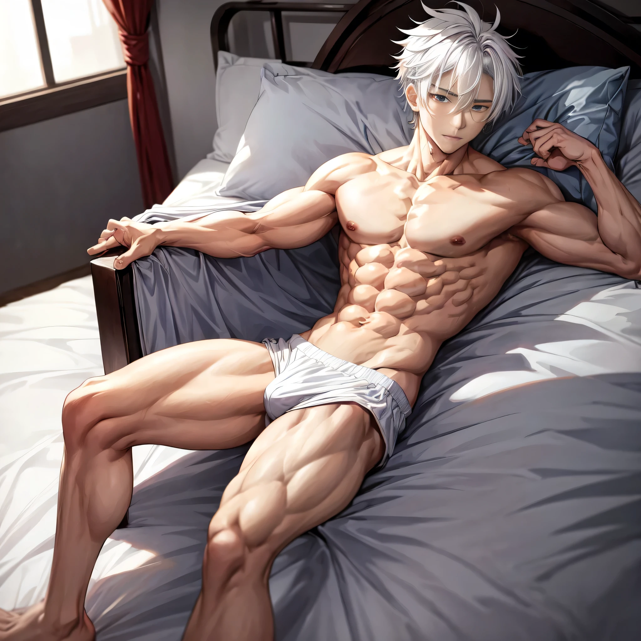 One anime shirtless guy, with white hair, , on the bed, Beautiful, 6 pack abs,