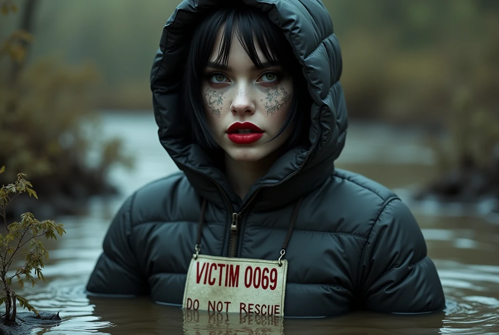 close-up,woman, bib "VICTIM 0069 DO NOT RESCUE", moncler ultra-short sporty down jacket,, flared jeans, stuck in bog,pale ethnic patterns ritual makeup, cold, red lips, sexy posing, bob haircut