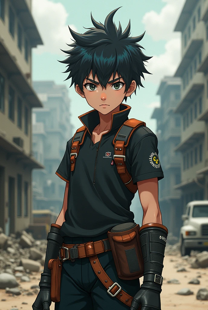 A boy in a nuclear apocalypse outfit, but in Jujutsu Kaisen style.