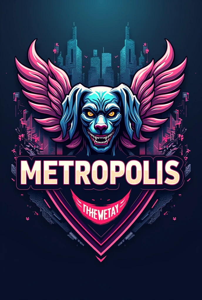 I want a team crest that includes the big name "metropolis" with hyperpop city colors, one part with dalmatian skin design and the joker smile logo