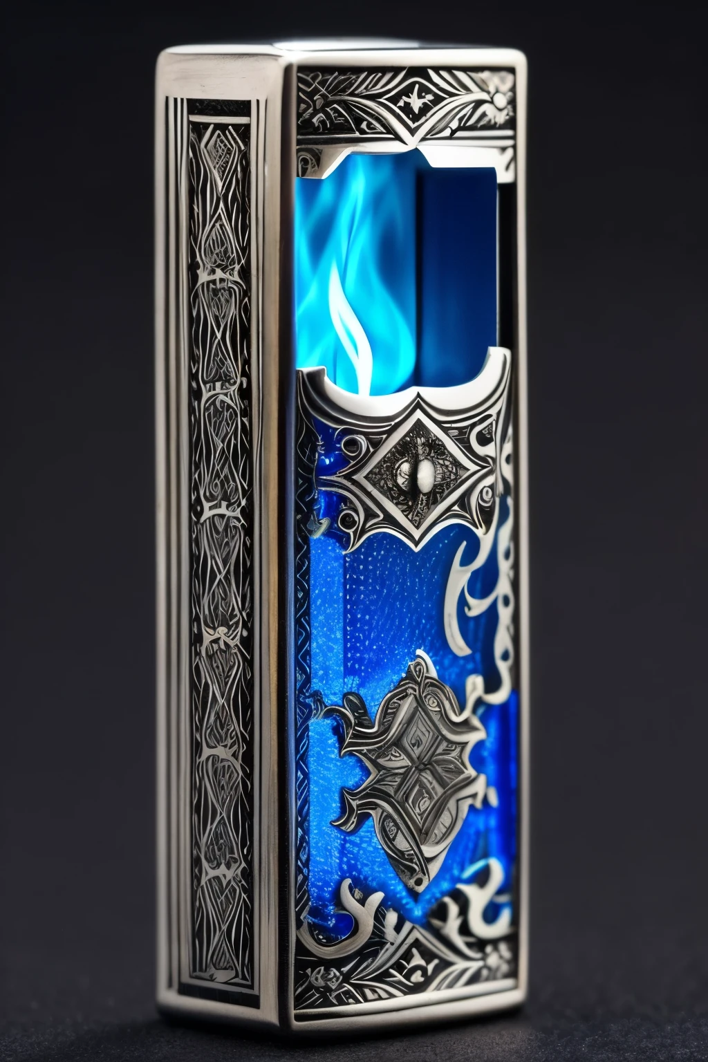 An antique silver metal lighter, with complex internal mechanisms visible through a glass cover. The lighter emits a blue-colored flame that appears to ripple and distort the light around it..