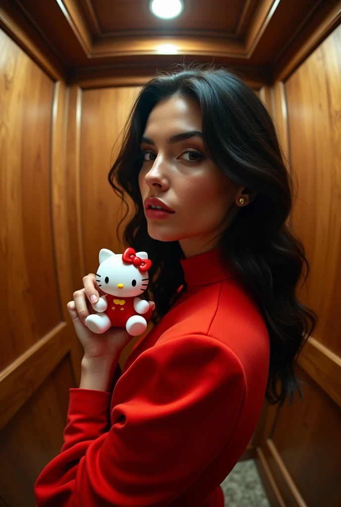 bella hadid, black hair and red dress in a rustic woody chic elevator looking into a round fisheye lens looking up holding a hello kitty
