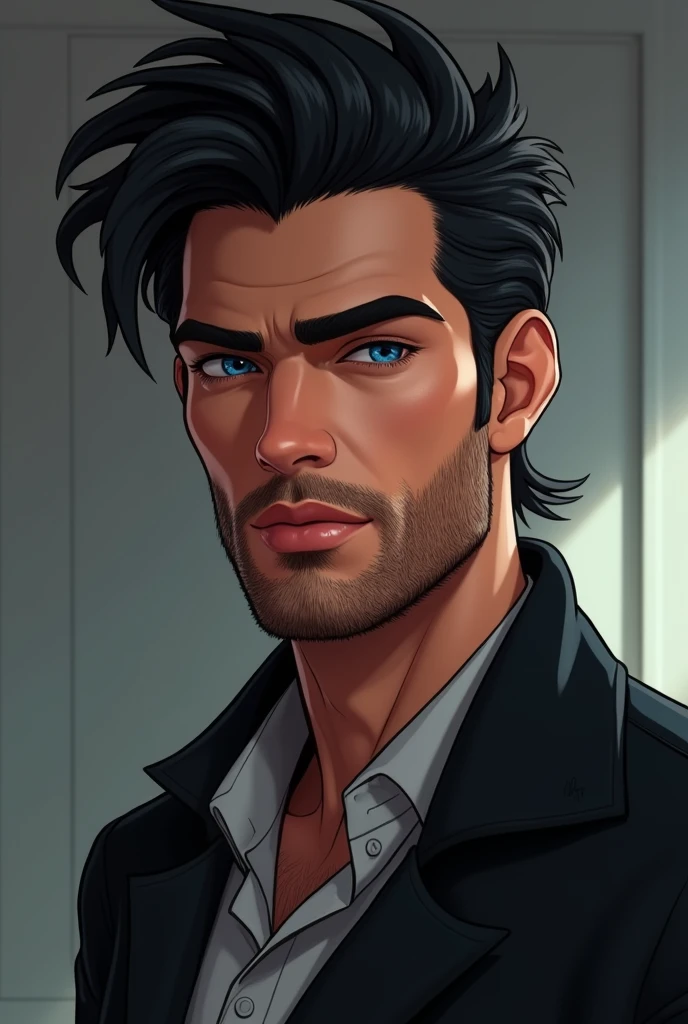 A very handsome white man like a model with a piercing heartthrob's gaze, well-cut black hair and beard style 2024, blue colored eyes, seducing gaze, Disney Pixar character style, high qualiy, best qualityer