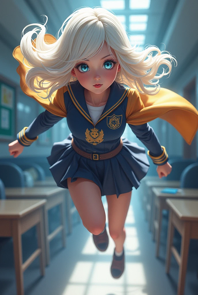 Boku no hero academia template a 16 year old girl with long white hair and blue eyes wearing the ua uniform flying in the classroom