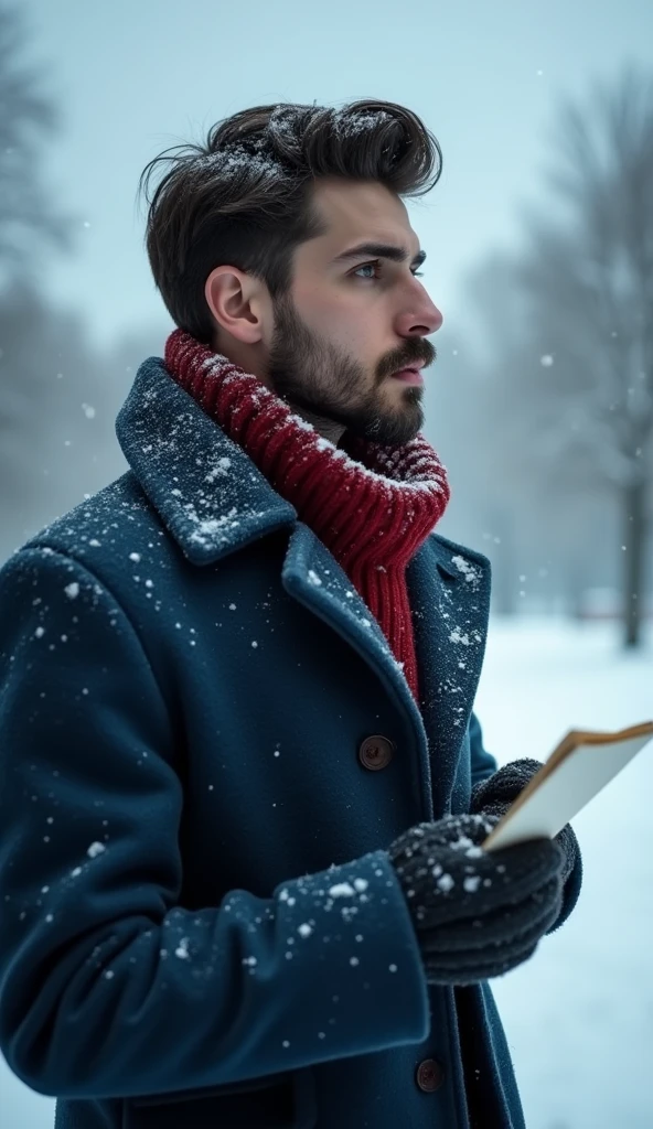 a 21-year-old young rich man with a small beard and big mustache wearing a very lush bluish pent coat and a red muffler, looking out into the snowy distance, holding the note close to his chest. The snow continues to fall, and the atmosphere remains dark and somber. His expression reflects deep contemplation and guilt.