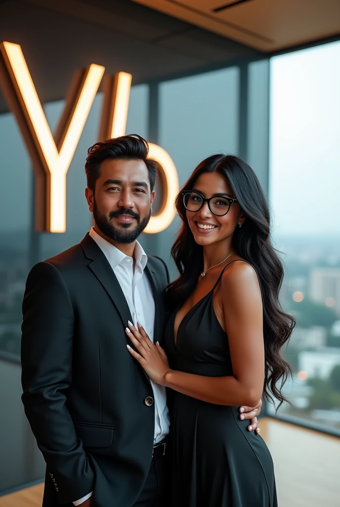Give me a picture of a young couple in their 30s, Colombian millionaire, owners of "YK Shop", a successful kitchen and home products company. The couple has an elegant and modern style, He with a beard and medium-long hair and she with dark skin, glasses and chubby cheeks with a little forehead, with high quality clothing and accessories. The scene takes place in a modern and sophisticated building with cutting-edge technology and panoramic views of the city.. The logo of "YK Shop" is visible on the wall, with a color palette that reflects richness and exclusivity, and a modern, easy-to-read design. The image reflects the success, the sophistication and professionalism of the couple and their company.
And give it to me in a 9 format:16