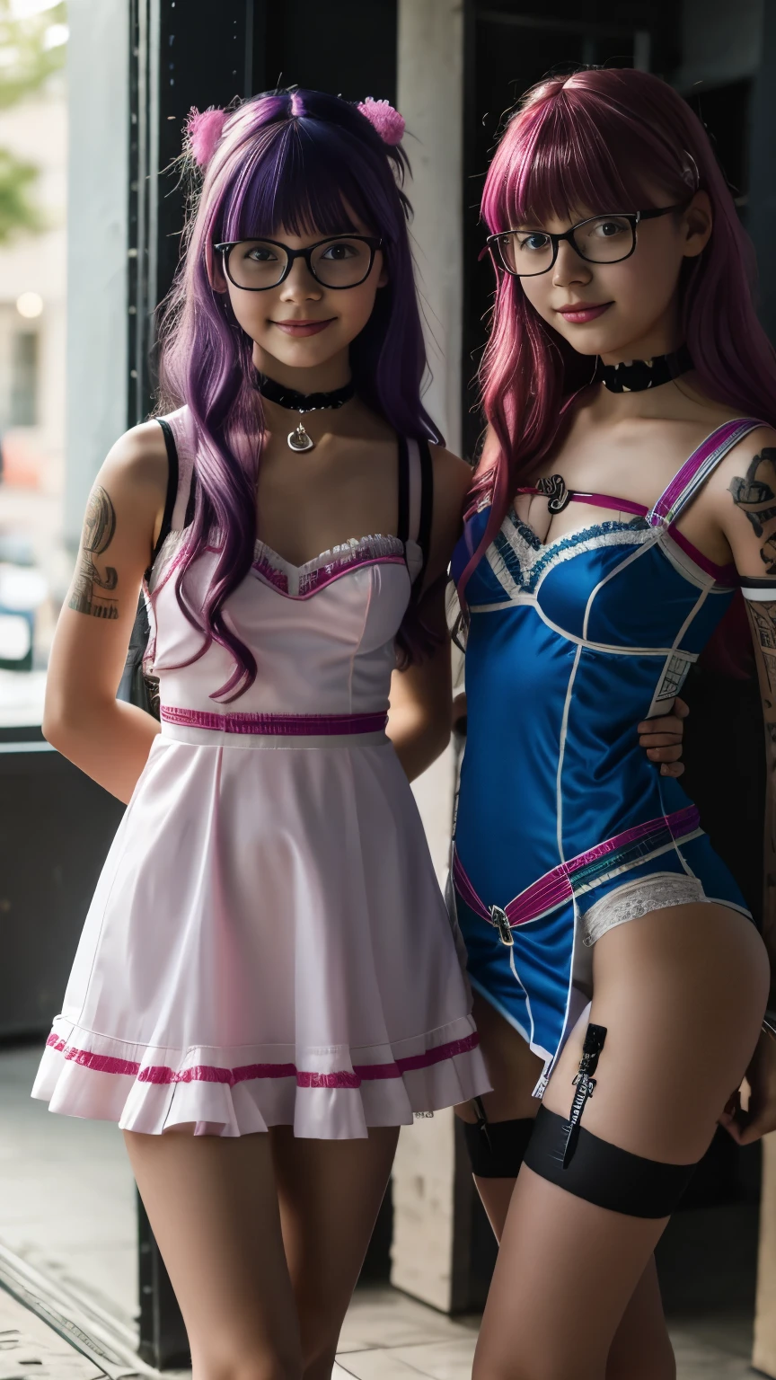 18 year old tween girls at a music festival, two close playful friends, perfect young models, colored hair, kawai cosplay girls, colored short dresses, dress with straps, choker, skinny body, innocent, garter with stockings, good lighting, glasses, bright playful, thin model, beautiful young teenls, tattoos, silk panties, dress with cutouts, sensual, shibari, playful pleasure