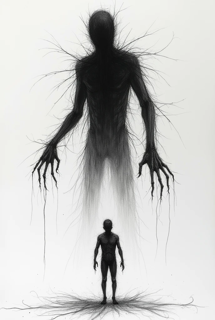 create a scribbled line drawing that symbolizes a full-body person being frightened, and the fright materialized in a being from the shadows, huge, with elongated arms, legs and and vulnerable person, scrib