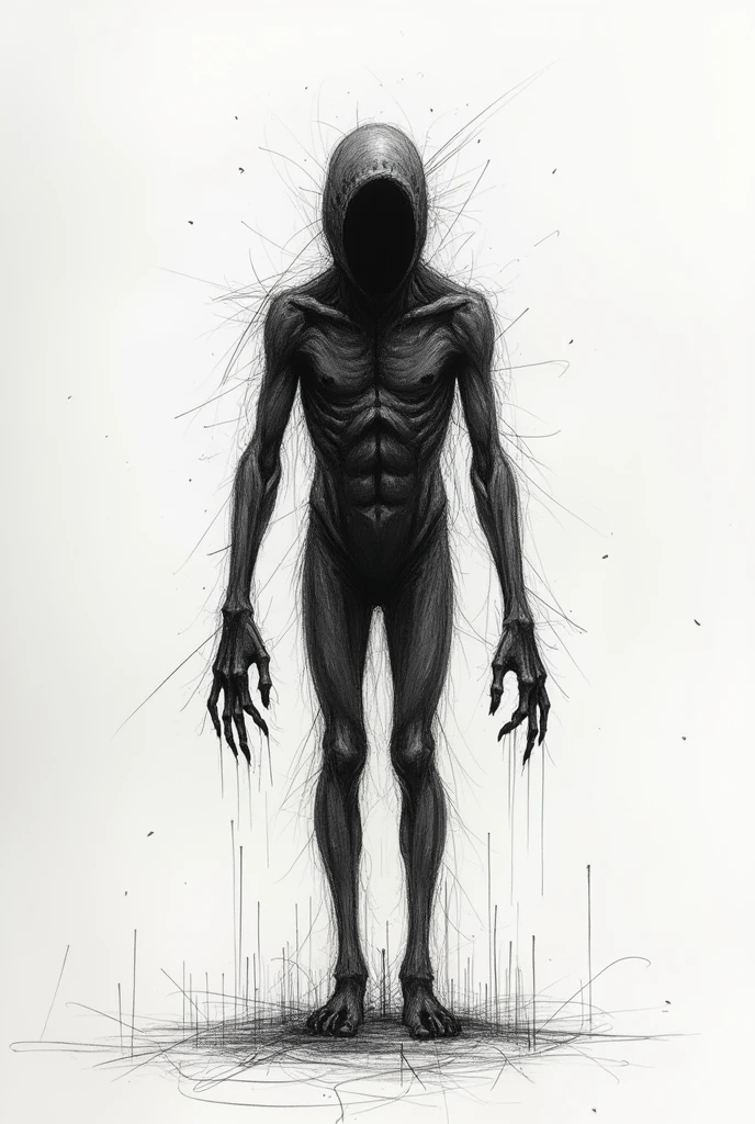 create a scribbled line drawing that symbolizes a full-body person being frightened, and the fright materialized in a being from the shadows, huge, with elongated arms, legs and  and vulnerable person, scrib