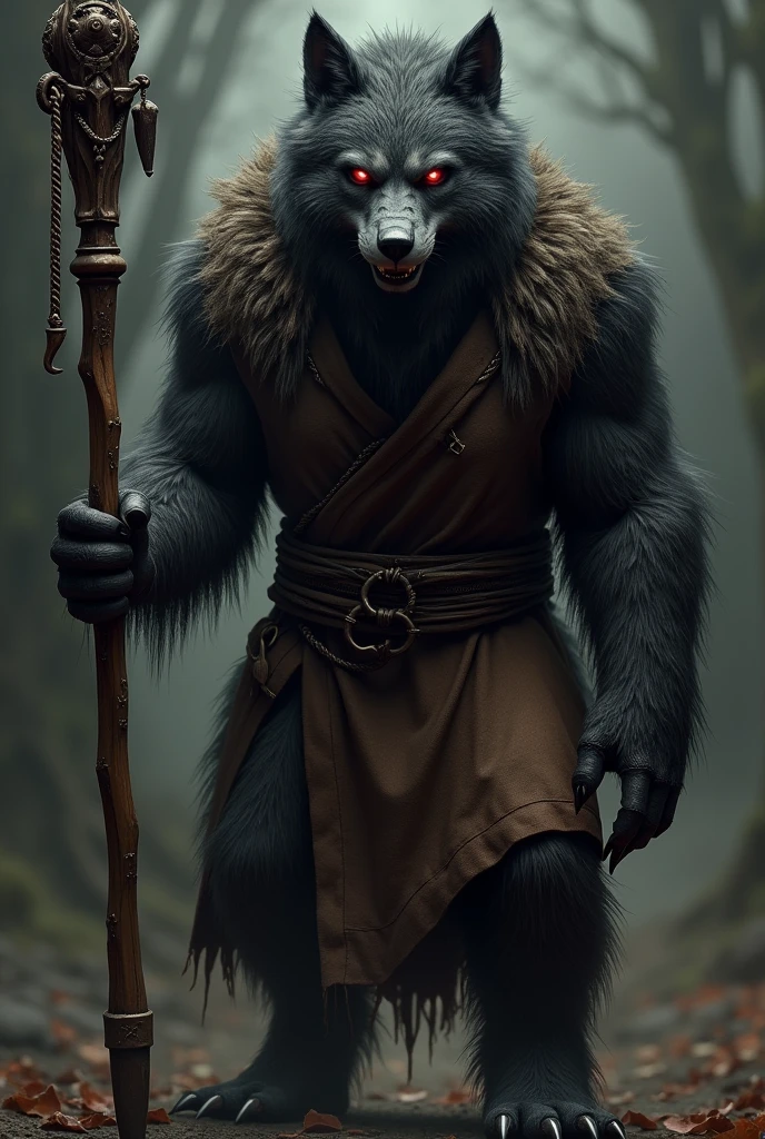 A black werewolf, red eyes, holding a simple staff. Wears a brown overcoat.