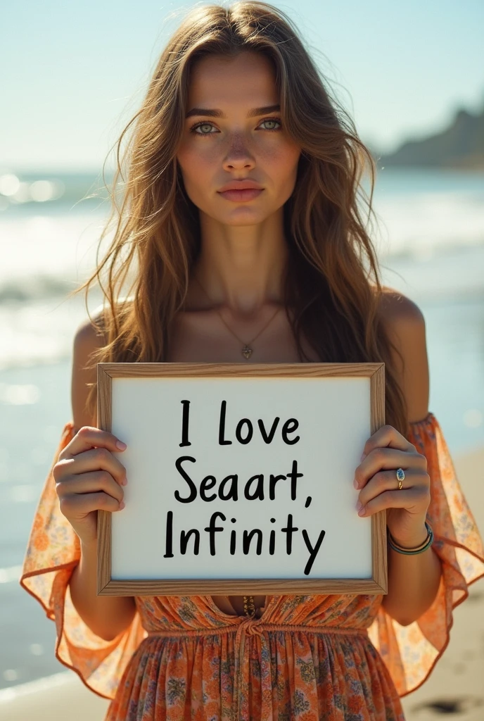 Beautiful girl with wavy long hair, bohemian dress, holding a white board with text "I Love Seaart Infinity" and showing it to the viewer