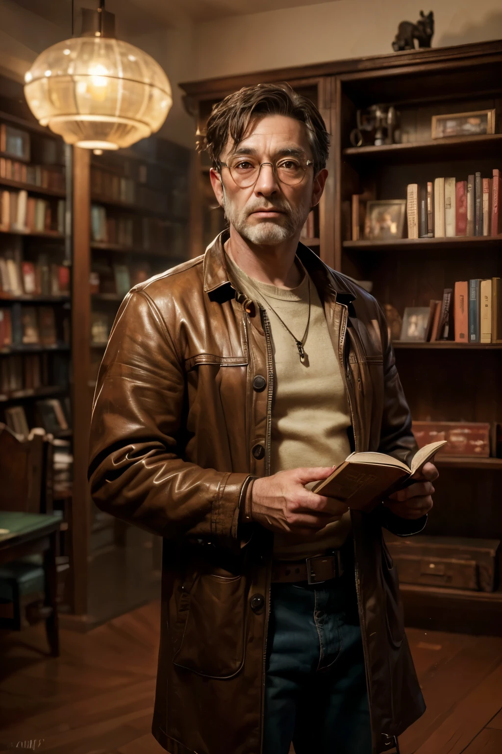 (indoor bookstore environment),(looking at the camera),(((standing between tall shelves full of books))),scar on face, middle-aged man,soviet military jacket, soviet punk,jewish librarian, extremely detailed face, realistic, photorealistic, photo-realistic, ultra-detailed, (best quality, 4k, 8k, highres, masterpiece:1.2), ultra-detailed, (realistic, photorealistic, photo-realistic:1.37), HDR, UHD, studio lighting, ultra-fine painting, sharp focus, physically-based rendering, extreme detail description, professional, vivid colors, bokeh, concept art, librarian glasses, nerd glasses,lib_bg