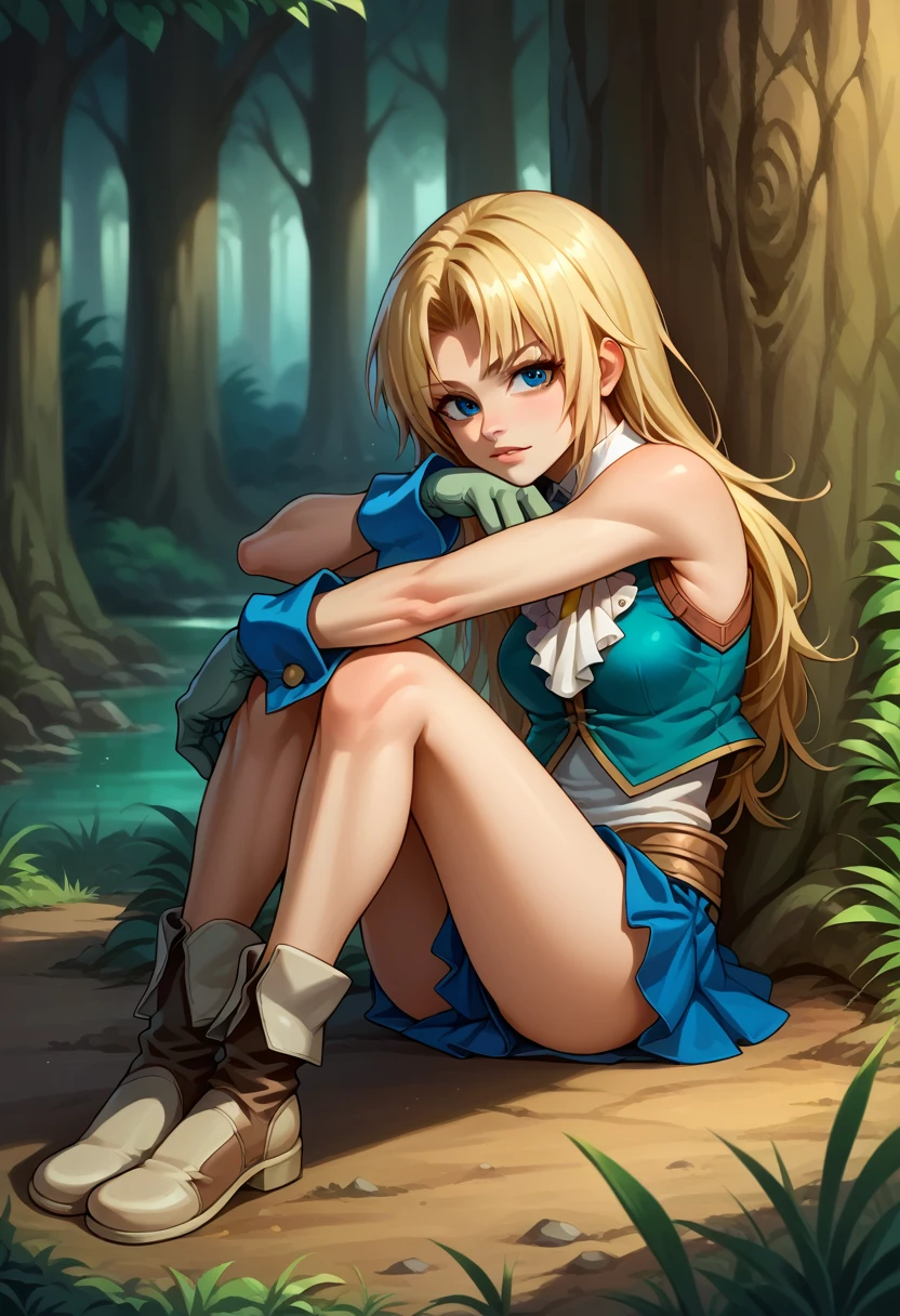 score_9, score_8_up, score_7_up, (female:1.5), 1girl solo, female focus, female body, skinny, zidane, blonde hair, long hair, blue eyes, monkey tail, parted bangs, gloves, blue skirt, short skirt, sitting on ground, knees up, arms around own knees, head resting on legs, looking at you, deep forest,
