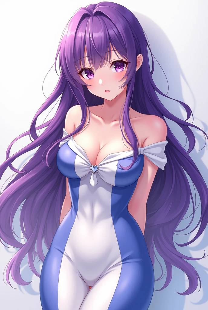 Long hair, purple hair, big breast, blackberry eyes, anime style, drees white blues