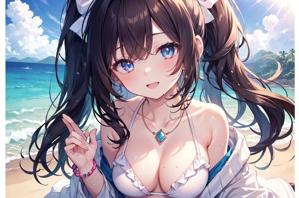(((girl kawaii))), (a Very delicate and beautiful girl), ((Ultra-fine illustrations)), (Very delicate and beautiful), charactera girl, Please raise your hand, Wet, girl, age girl, Flowing Hair, (High Ponytail), (Long dark brown hair), Beautiful and fine hair, Very beautiful and detailed anime faces and eyes, (smile), Intricate details、Beautiful and delicate eyes, Bright Eyes, Open your mouth, Cleavage, Pale blue eyes, White skin, Frills, Hair Ribbon, Earrings, Gemstone Necklace, bracelet, (White Bikini), cardigan, Wet clothes, Open Court, White clothes, (Beach), (blue sky), sunlight, Backlight, Highly detailed light, ((Absurd)), (((wallpaper 8k CG))), masterpiece,