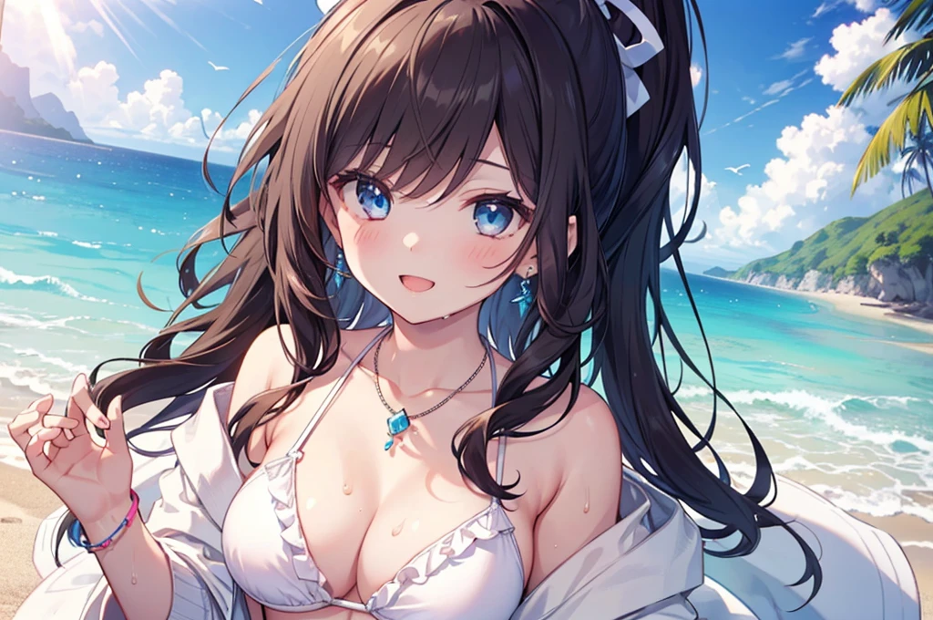 (((girl kawaii))), (a Very delicate and beautiful girl), ((Ultra-fine illustrations)), (Very delicate and beautiful), charactera girl, Please raise your hand, Wet, girl, age girl, Flowing Hair, (High Ponytail), (Long dark brown hair), Beautiful and fine hair, Very beautiful and detailed anime faces and eyes, (smile), Intricate details、Beautiful and delicate eyes, Bright Eyes, Open your mouth, Cleavage, Pale blue eyes, White skin, Frills, Hair Ribbon, Earrings, Gemstone Necklace, bracelet, (White Bikini), cardigan, Wet clothes, Open Court, White clothes, (Beach), (blue sky), sunlight, Backlight, Highly detailed light, ((Absurd)), (((wallpaper 8k CG))), masterpiece,