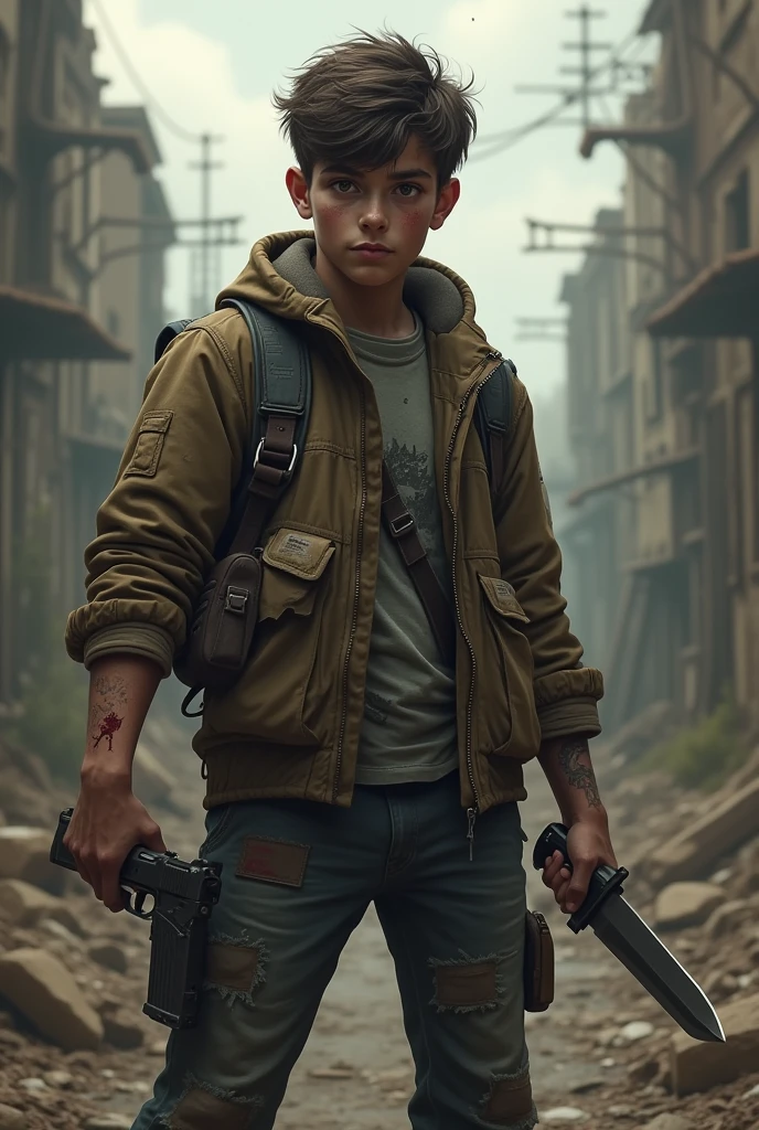 Create an 18 year old boy, Tez blanca, Brown eyes, normal build, wearing zombie apocalypse style clothing, and holding a gun in one hand and a hunting knife in the other