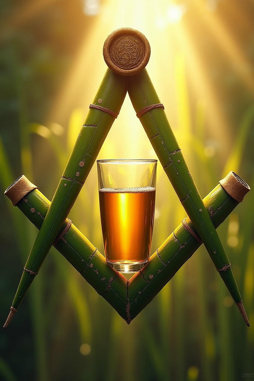 Create a logo with the symbol of universal freemasonry where the compass is made with the green leaf of sugar cane and the square is made with the yellowish stem of sugar cane. In the center there should be a glass of cachaça. Ao fundo, must have the image of the "eye that all come" illuminated by bright sunbeams.