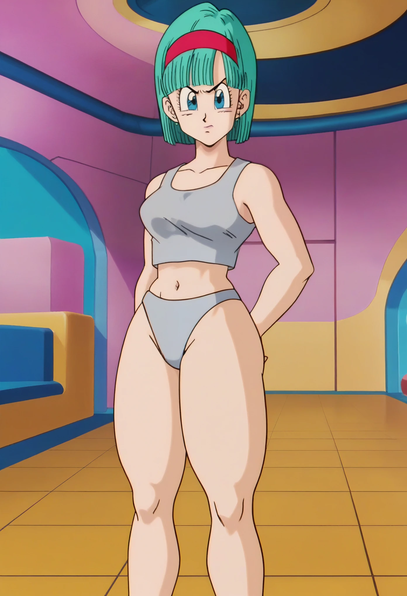 source_anime, score_9, score_8_up, score_7_up, anime screencap,
Namek saga, bulma, 1girl, solo, breasts, looking at viewer, annoyed, short hair, aqua hair, fringe trim, blue eyes, standing up, tank top, light gray panties,bend over, sexy, (((close up))), ((spaceship)), back, red headband, metal plates, red tiled floor, undressing, ((underboob)), no pants, (thick thighs)