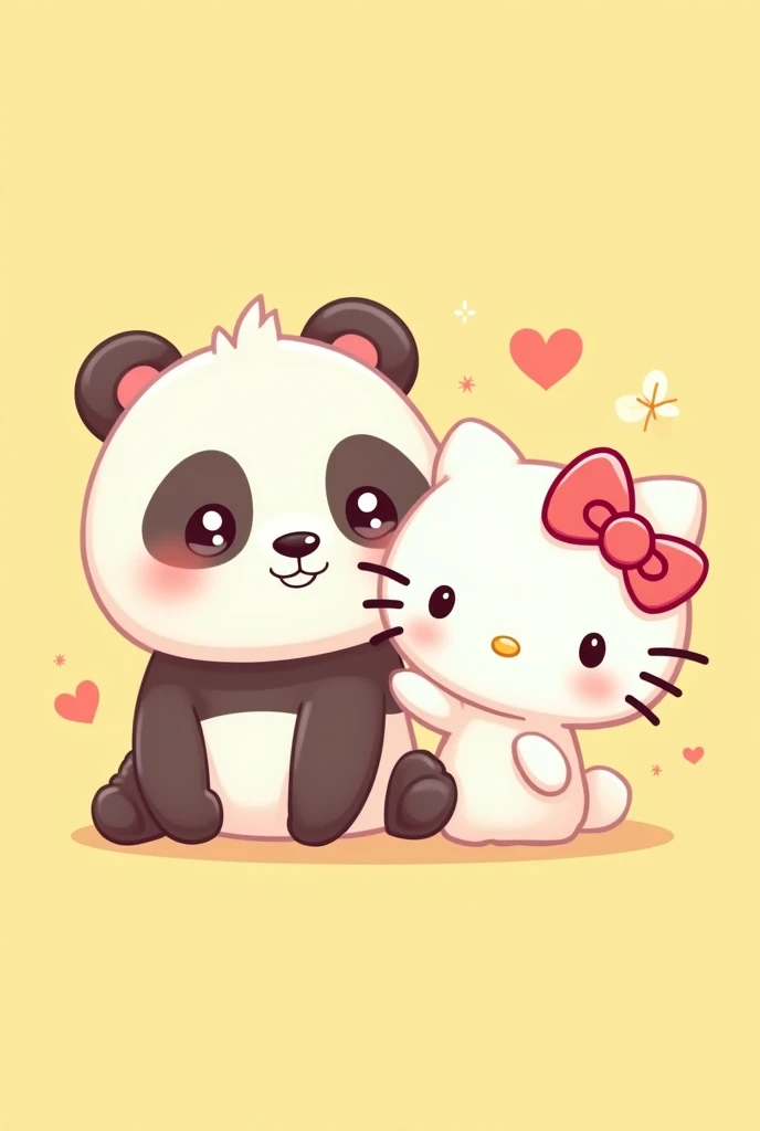 A vector of a cute animated Panda with animated Hello Kitty and the background is baby yellow, that it is in animation style