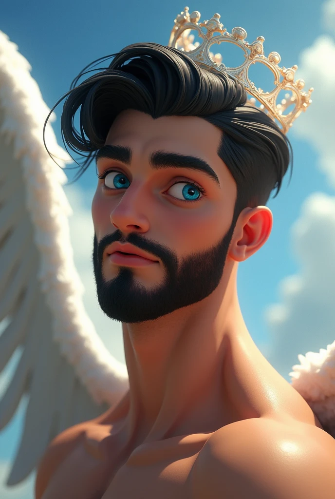 A very handsome angel man with a white crown, like a model, with a piercing heartthrob's gaze, well-cut black hair and beard style 2024, blue colored eyes, seducing gaze, Disney Pixar character style, high qualiy, best qualityer