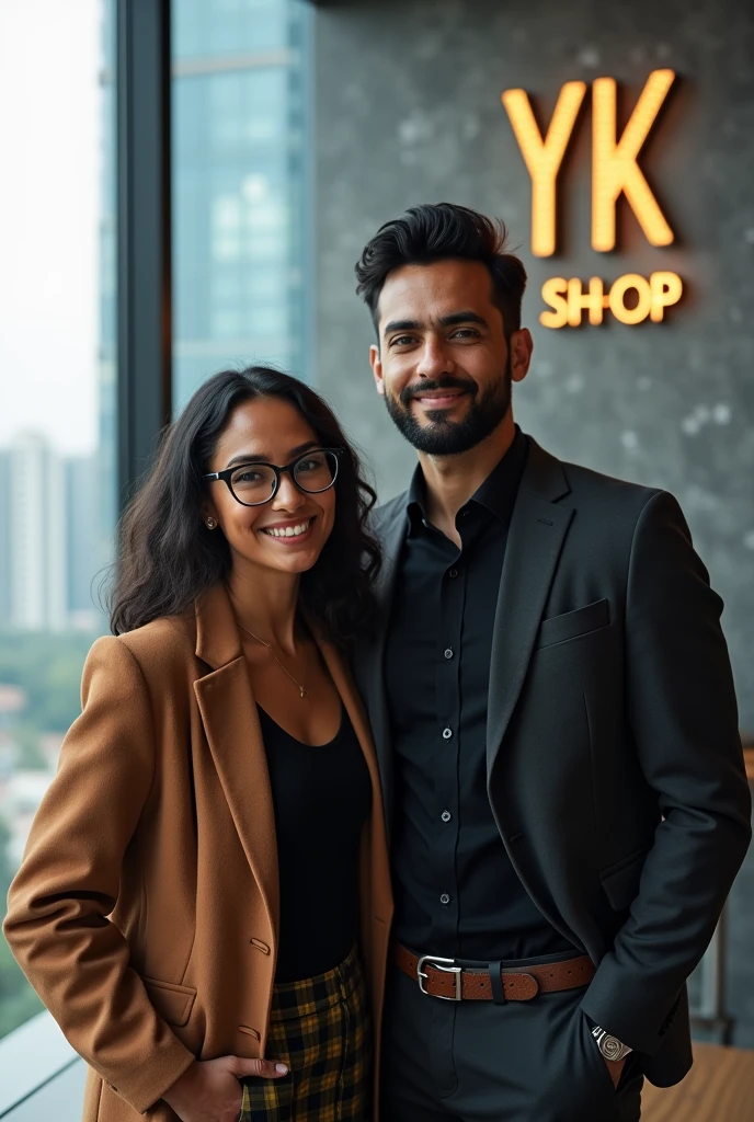 Give me a picture of a young couple in their 30s, Colombian millionaire, owners of "YK Shop", a successful kitchen and home products company. The couple has an elegant and modern style, He with a beard and medium-long hair and she with dark skin, glasses and chubby cheeks with a little forehead, with high quality clothing and accessories. The scene takes place in a modern and sophisticated building with cutting-edge technology and panoramic views of the city.. The logo of "YK Shop" is visible on the wall, with a color palette that reflects richness and exclusivity, and a modern, easy-to-read design. The image reflects the success, the sophistication and professionalism of the couple and their company.
And give it to me in a 9 format:16