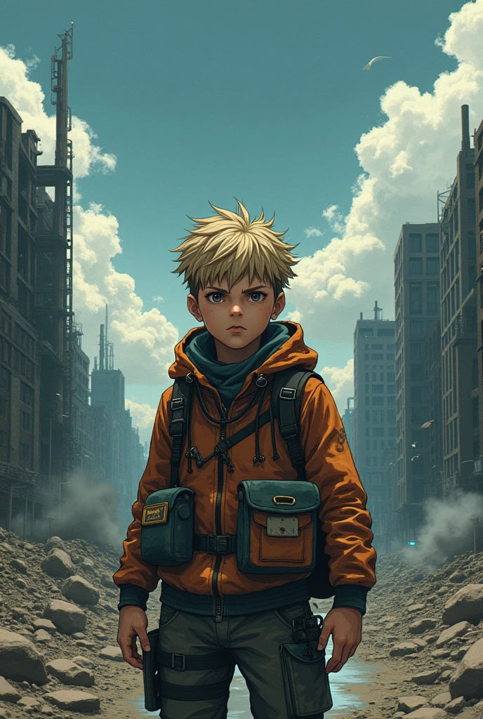 A boy in a nuclear apocalypse outfit but with Jujutsu Kaisen art
