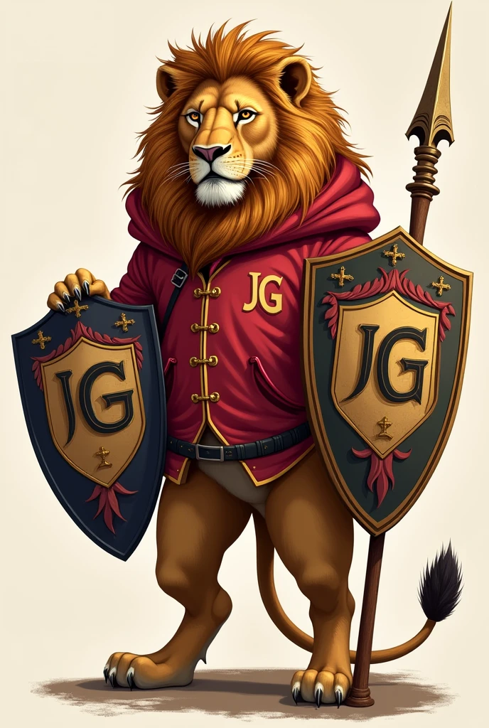 I need you to draw me a standing lion with a cherry and lead colored jacket that says JG and with two shields with a stick that says Josefina Goytia