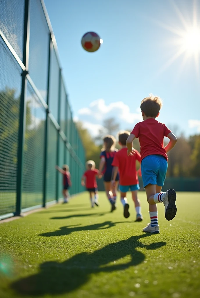 Children running one in a row on a sports field and throwing a ball at the wall