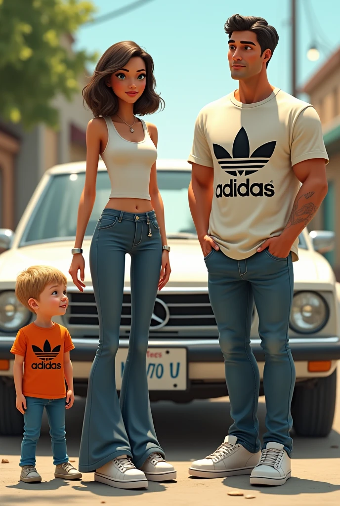Tall thin girl with a ny shirt, bell-bottom pants, Adidas tennis shoes, a pair of a chubby 2-year-old boy with blond blue eyes, a pair of a tall man with straight hair, Adidas shoes, Adidas shirt, a white sedan car in the background