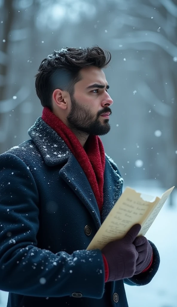 a 21-year-old young rich man with a small beard and big mustache wearing a very lush bluish pent coat and a red muffler, looking out into the snowy distance, holding the note close to his chest. The snow continues to fall, and the atmosphere remains dark and somber, heavily crying with tears, expression reflects deep contemplation and guilt.