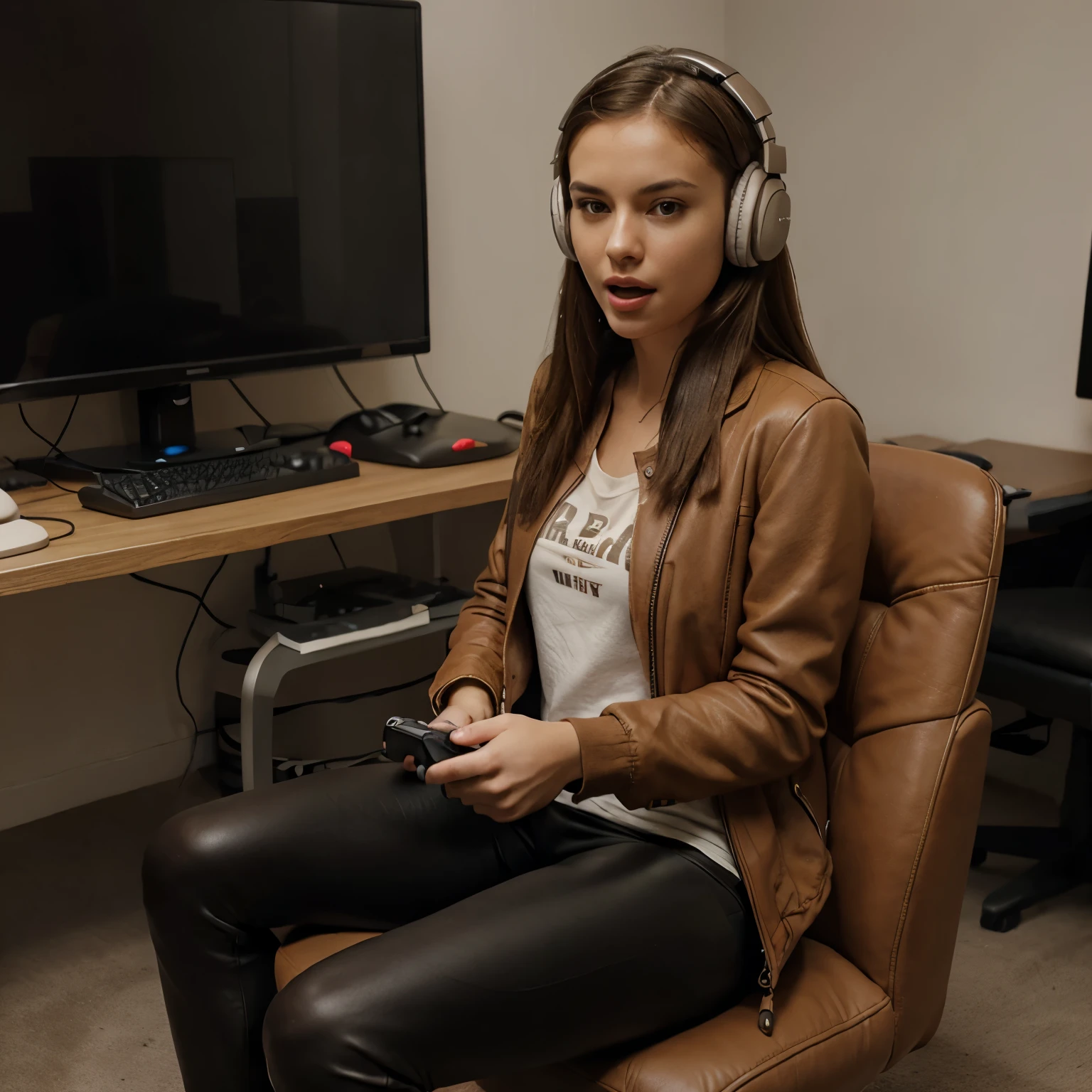 Real girl in brown jacket and leather leggings, slightly confused face, slightly open mouth, brown eyes,Long brown hair, holding a joystick, player with headphones, sitting in a gaming chair