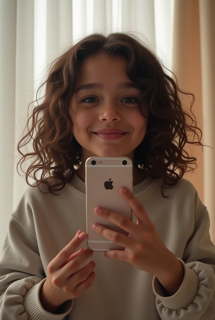 Girl with medium curly hair, curtain, rotating face with big cheeks, wearing sweatshirt, selfie frontal com iphone