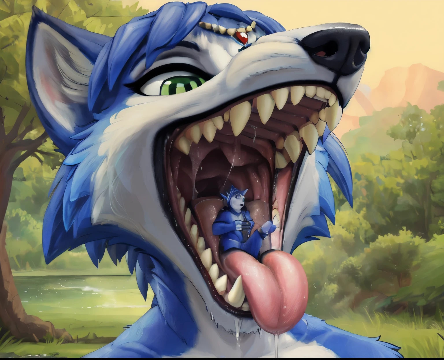 ((anthro (macro krystal fox and micro female together), (micro in mouth), (detailed micro:1.6), (size difference:1.6), detailed fox face, detailed body, detailed mouth)), nsfw, nude, (close-up), ((((vore), mouth, tongue, drool, mawshot))), fantasy, ((by zaush, (by meesh))), (by spectrumshift), (((by Nummynumz))), ((by fluff kevlar)), (male) 