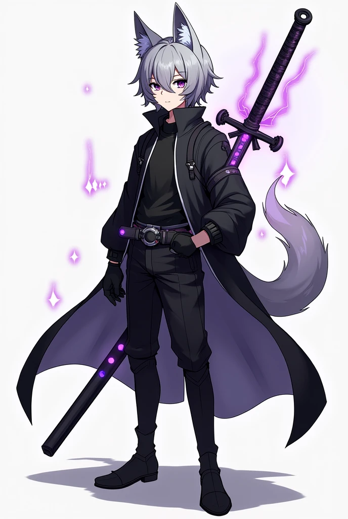Make a body character, make him monochrome, one eye purple and the other black, the black eye has a black spot, he has gray hair with black streaks, he has wolf ears, he has a katana embedded with purple rays, several rays and make him with a non-flashy hero uniform, the image is anime, the character is male, full body, the image 