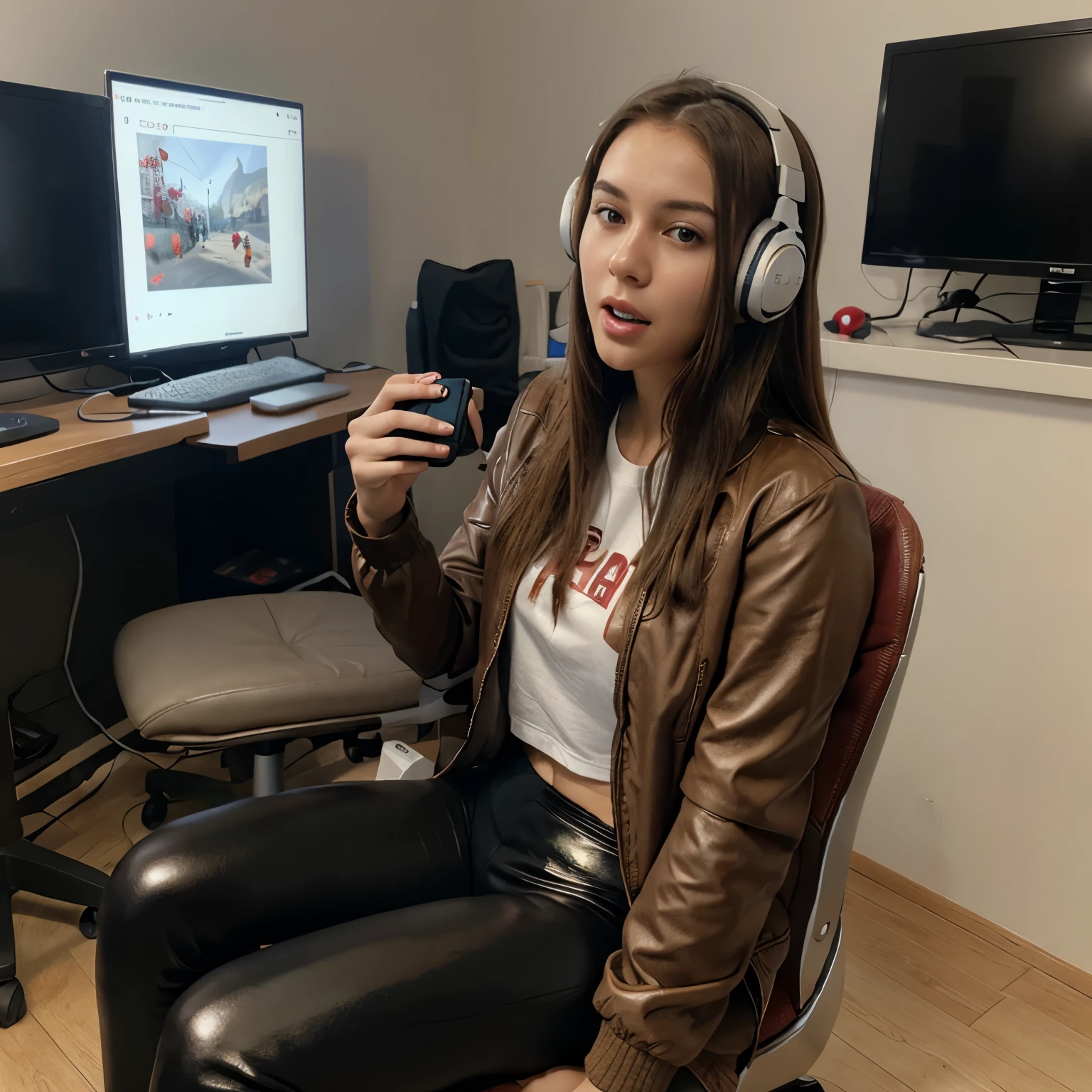 Real girl in brown jacket and shiny leather leggings, slightly confused face, slightly open mouth, brown eyes,Long brown hair, holding a joystick, player with headphones, sitting in a gaming chair