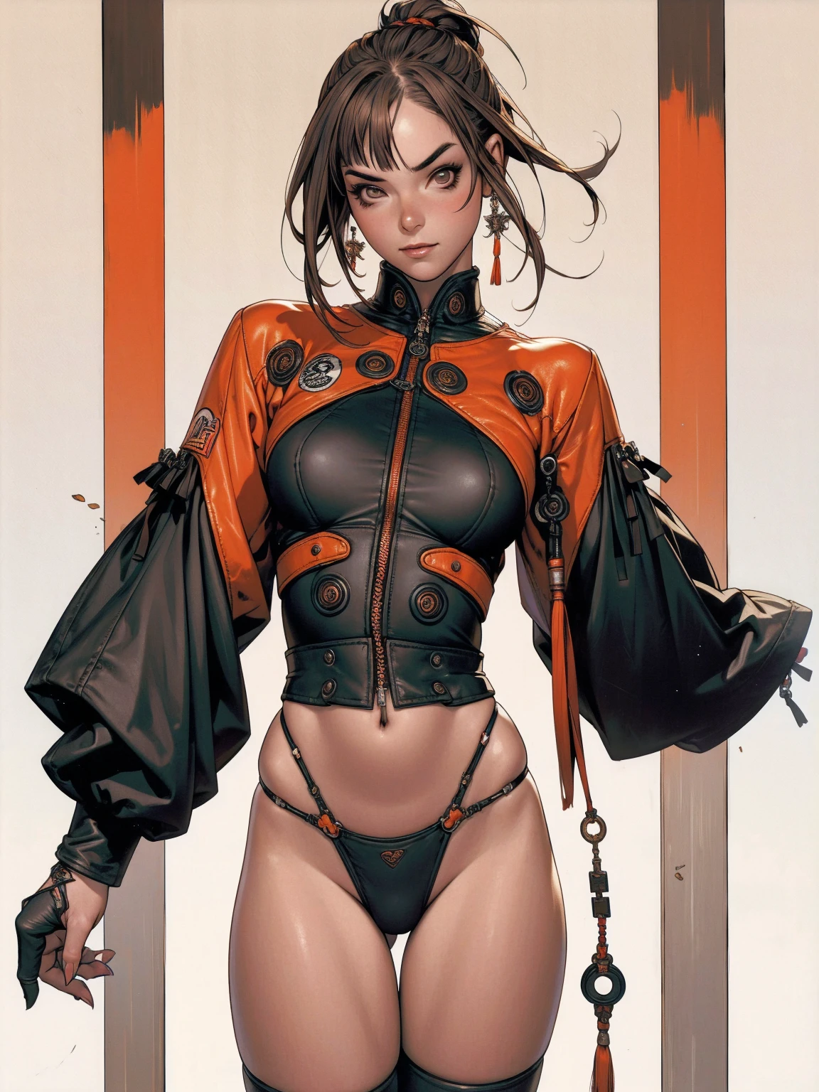 (best qualityer))), (((manga strokes))), (((light brown curly hair with straight bangs and red highlights))), (((thong with 2 side stripes))), uma Kizi jovem muito bem vestida com roupas modernas de inverno, top gift vertical stripes, short jacket with dark fur collar, beautiful and expressive face, slightly-smile, big eyes with long black eyelashes, heavy make-up, chains and zippers spread across clothes, contrasting colours, pose de atitude, hair with a modern and futuristic cut, urban game poster art, dramatic camera angles, graffiti art elements in the background, design mixing contemporary and retro by Shepard Fairey, (((cowboy shot))), (((best qualityer: 1.4))), (Unbeatable masterpiece), (hiper HD),(CG 8k hyper-realistic), Kizi, (((standing alone))), pirralha violent, ((())), sexly, pose de atitude, work of art, post-apocalypse, (((manga style))), bounty hunter, violent, Manic, the way you want, slenderbody, thin but strong, perfectbody, roupa moderna, advanced technology, neon, sleeves with vertical striped pattern, neutral background, (( cowboy shot )). intricate visual