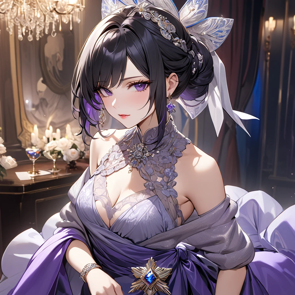 ((Highest quality)), ((masterpiece)), (detailed), （Perfect Face）、The woman is Shinobu Kocho, a Russian with black hair in a purple gradient bob style, tied up in a formal evening hairstyle.、The woman is a member of the United Russia party and is beautifully dressed in the fine attire and luxurious accessories appropriate for a party member.、She is a member of the Great United Russia Party and worships the Great Russian leader.