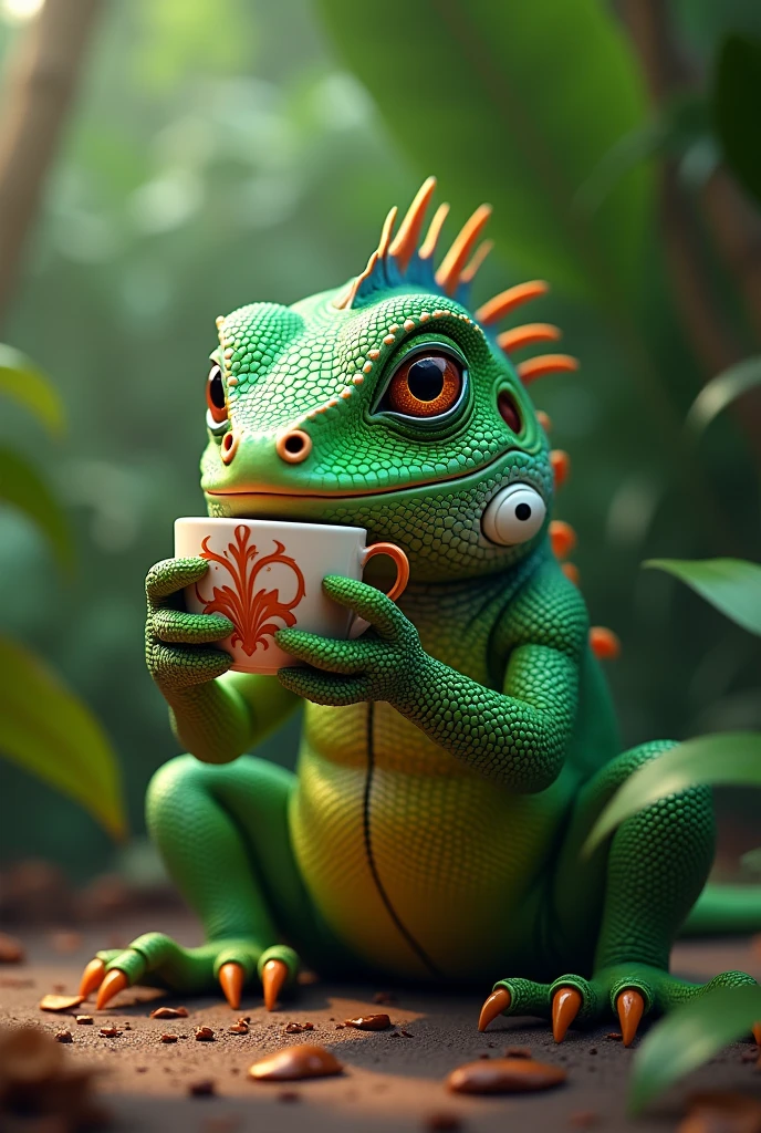 Iguana drinking coffee