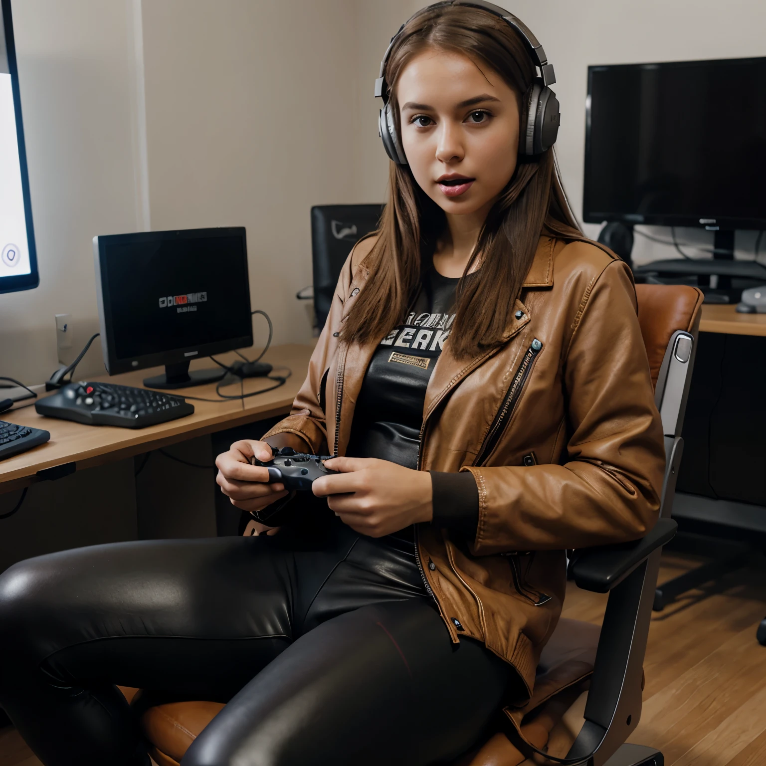 Real girl in brown jacket and shiny leather leggings, slightly confused face, slightly open mouth, brown eyes,Long brown hair, holding a joystick, player with headphones, sitting in a gaming chair