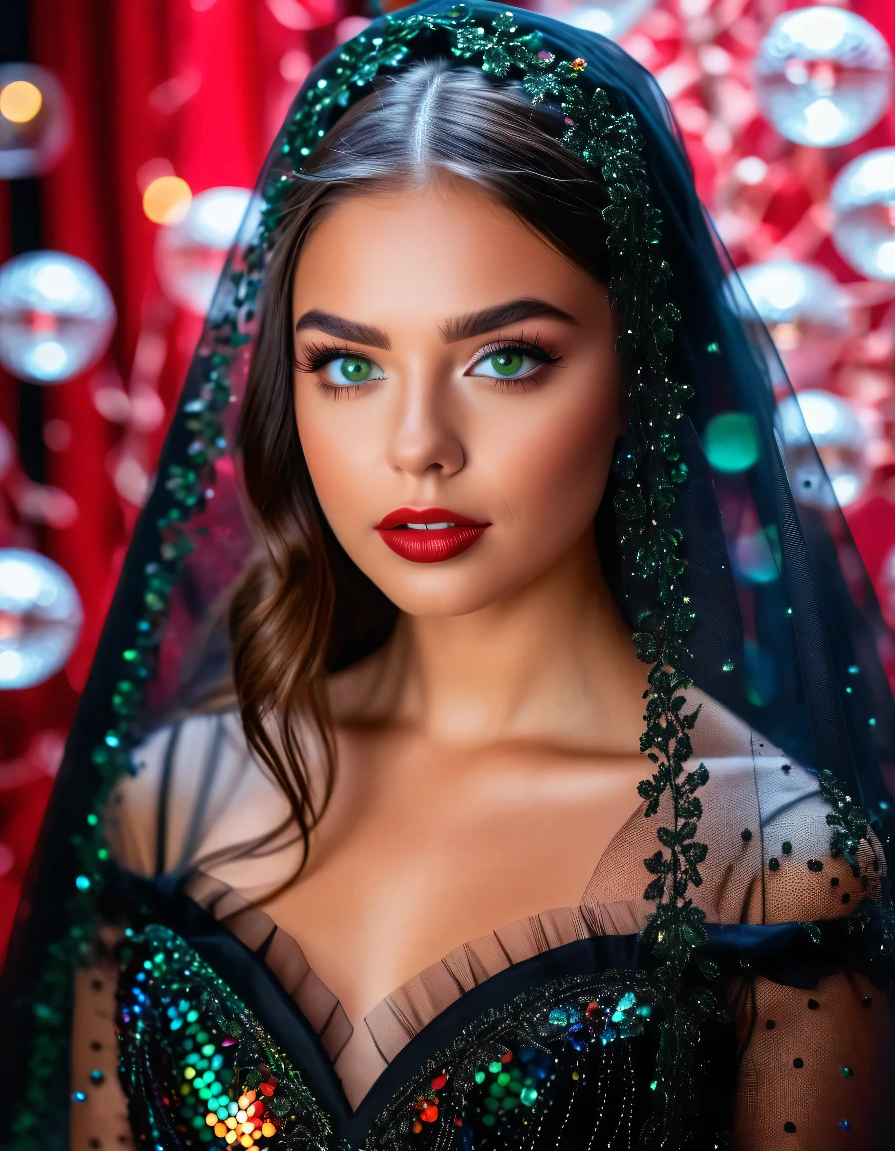 Beautiful girl, brunette, warm, slightly tanned skin, expressive face, crystal clear green eyes, detailed lashes and eyebrows, full red mouth, long black hair dressed in the veil and detailed and intricate black dress in thin black tulle falling on the shoulders, profusion of delicate, iridescent and colorful crystal balls on the tulle and dress. Detailed cosmic background, incidental white light on the hair, image dazzles with beauty, in the highest quality, mesmerize, 8k, UHD.