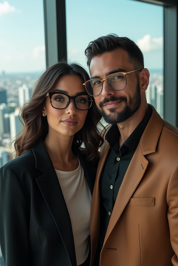 Give me a picture of a young couple in their 30s, Colombian millionaire, owners of "YK Shop", a successful kitchen and home products company. The couple has an elegant and modern style, He with a beard and medium-long hair and she with dark skin and light brown hair, with glasses and chubby cheeks with a little forehead, with high quality clothing and accessories. The scene takes place in a modern and sophisticated building with cutting-edge technology and panoramic views of the city.. The logo of "YK Shop" is visible on the wall, with a color palette that reflects richness and exclusivity, and a modern, easy-to-read design. The image reflects the success, the sophistication and professionalism of the couple and their company.
And give it to me in a 9 format:16