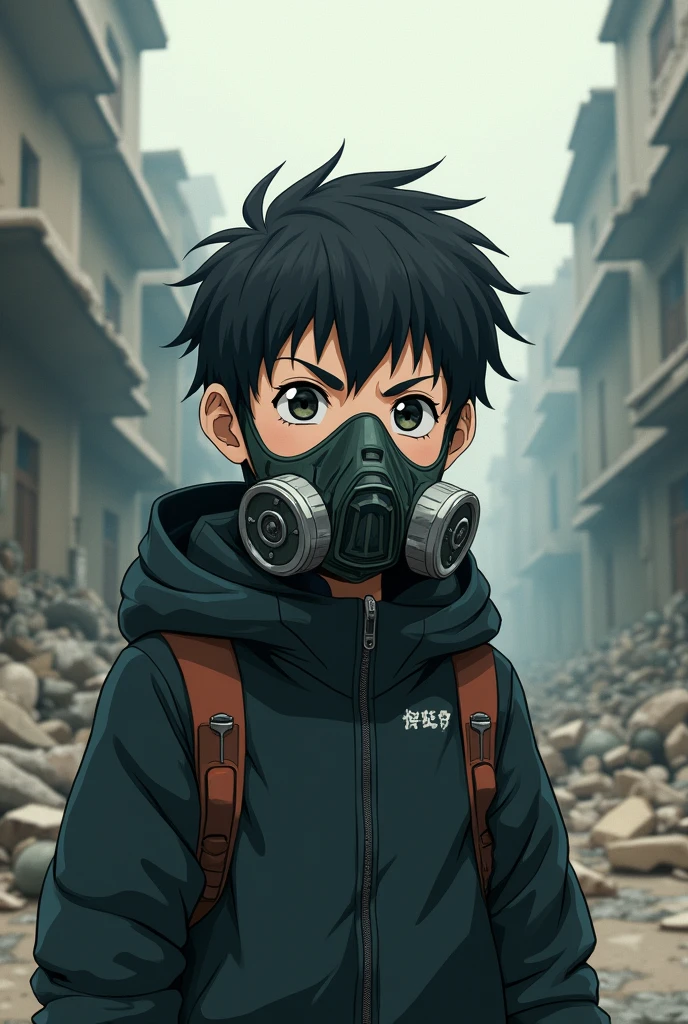 A boy with a nuclear apocalypse gas mask but with art in the style of the anime Jujutsu kaisen